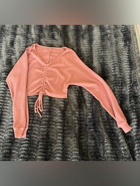 Cropped Waffle Knit Drawstring Hoodie - Dusty Rose